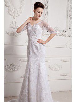 Lace and Satin V-Neck Chapel Train Sheath Wedding Dress with Half-Sleeves