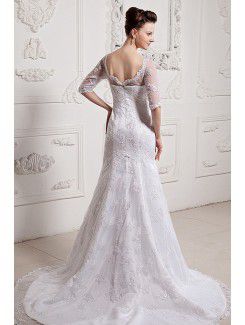 Lace and Satin V-Neck Chapel Train Sheath Wedding Dress with Half-Sleeves