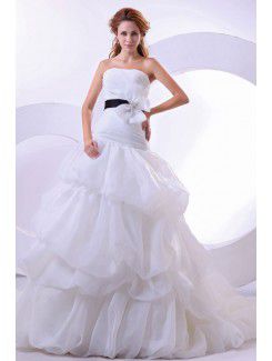 Tulle and Satin Strapless Cathedral Train Ball Gown Wedding Dress with Rhinestones