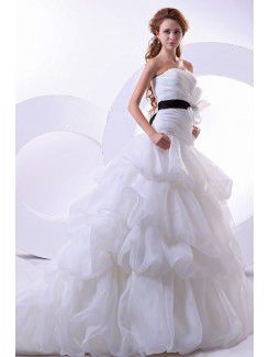 Tulle and Satin Strapless Cathedral Train Ball Gown Wedding Dress with Rhinestones