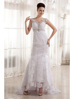 Satin and Lace V-Neckline Court Train Sheath Wedding Dress with Embroidered