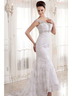 Satin and Lace V-Neckline Court Train Sheath Wedding Dress with Embroidered