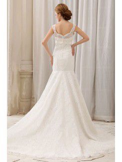 Satin and Lace V-Neck Chapel Train Mermaid Wedding Dress with Embroidered