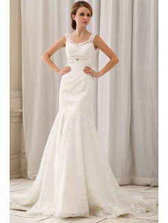 Satin and Lace V-Neck Chapel Train Mermaid Wedding Dress with Embroidered