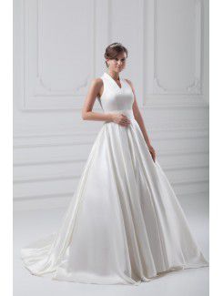 Satin V-Neck Sweep Train Ball Gown Wedding Dress