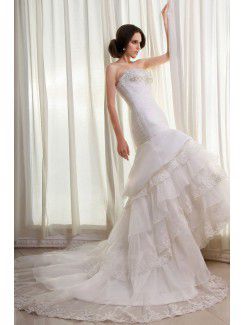 Organza and Lace Strapless Chapel Train Mermaid Wedding Dress with Beading Crisscross Ruched and Embroidered