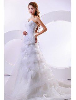 Organza One-Shoulder Cathedral Train A-Line Wedding Dress with Ruffle and Flowers