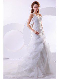 Organza One-Shoulder Cathedral Train A-Line Wedding Dress with Ruffle and Flowers