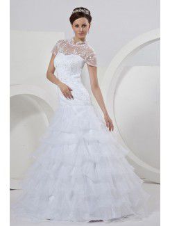 Vestido de novia una línea de organza y encaje de alta longitud del piso con lentejuelas