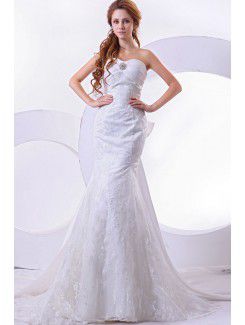 Satin and Lace Sweetheart Chapel Train Mermaid Wedding Dress with Embroidered