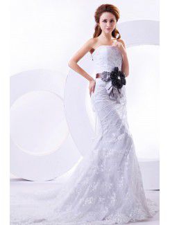 Lace Strapless Chapel Train Sheath Wedding Dress