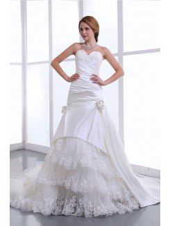 Satin and Lace Sweetheart Chapel Train A-Line Wedding Dress with Embroidered and Gathered Ruched