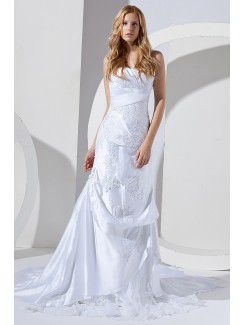 Satin and Lace Sweetheart Chapel Train Sheath Wedding Dress with Embroidered