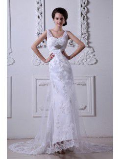 Satin and Tulle Straps Court Train Sheath Wedding Dress with Embroidered