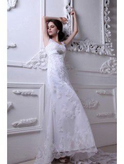 Satin and Tulle Straps Court Train Sheath Wedding Dress with Embroidered