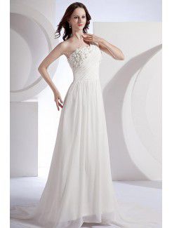 Chiffon and Satin One-Shoulder Sweep Train A-Line Wedding Dress with Flowers