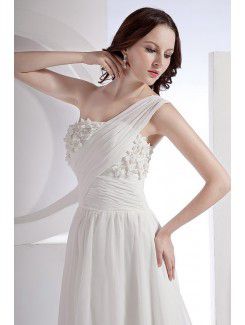 Chiffon and Satin One-Shoulder Sweep Train A-Line Wedding Dress with Flowers