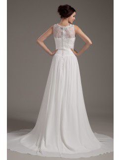 Satin and Lace Bateau Sweep Train A-Line Wedding Dress