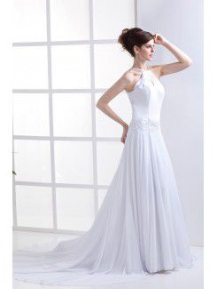 Chiffon Halter Chapel Train A-Line Wedding Dress with Embroidered