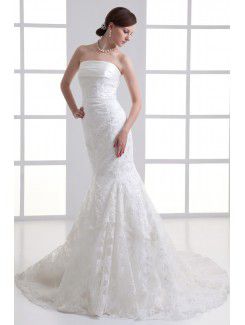 Satin and Net Strapless Mermaid Sweep Train Embroidered Wedding Dress