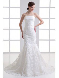 Satin and Net Strapless Mermaid Sweep Train Embroidered Wedding Dress