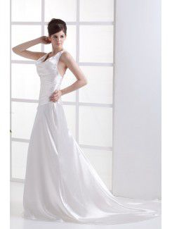 Charmeuse Straps Chapel Train A-Line Wedding Dress with Embroidered Ruffle