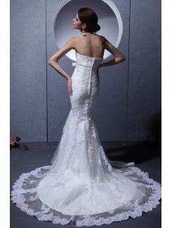 Tulle Strapless Court Train Mermaid Wedding Dress with Embroidered