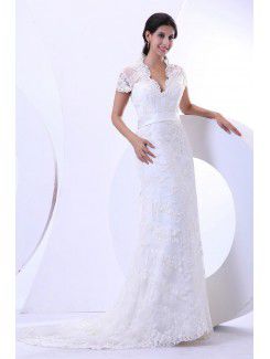 Lace V-Neckline Court Train Sheath Wedding Dress with Cap-Sleeves