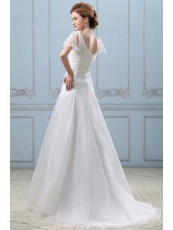 Satin Organza V-Neckline Sweep Train A-Line Wedding Dress with Embroidered and Cap-Sleeves