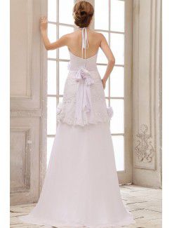 Chiffon and Lace Halter Sweep Train Sheath Wedding Dress