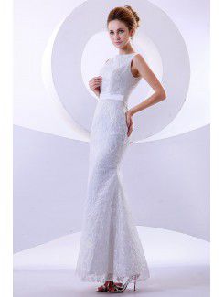 Satin Bateau Ankle-Length Mermaid Wedding Dress with Embroidered