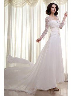 Chiffon Lace Square Cathedral Train Column Wedding Dress with Three-quarter Sleeves