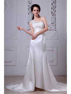 Charmeuse One-Shoulder Cathedral Train Sheath Wedding Dress with Embroidered