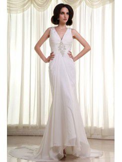 Chiffon and Satin V-Neckline Cathedral Train Sheath Wedding Dress with Ruffle Embroidered