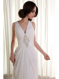 Chiffon and Satin V-Neckline Cathedral Train Sheath Wedding Dress with Ruffle Embroidered
