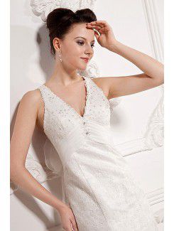 Chiffon and Lace V-Neckline Court Train Sheath Wedding Dress