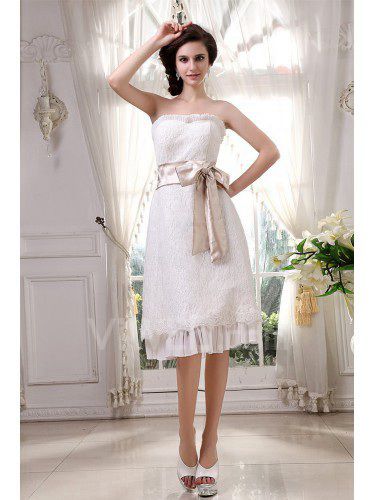 Lace and Chiffon Strapless Knee-Length A-Line Wedding Dress with Embroidered