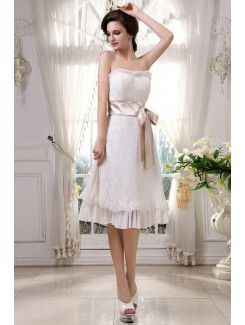 Lace and Chiffon Strapless Knee-Length A-Line Wedding Dress with Embroidered