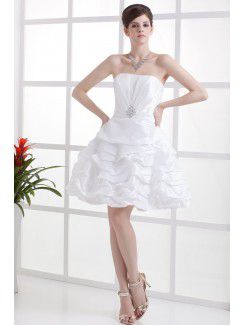 Tafetá strapless mini vestido de noiva uma linha com strass e babados