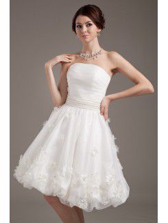 Tulle Strapless Short A-line Wedding Dress with Applique and Beading