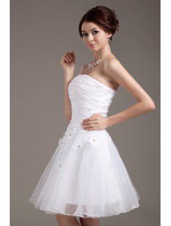 Mesh and Satin Strapless Short A-line Wedding Dress with Flowers