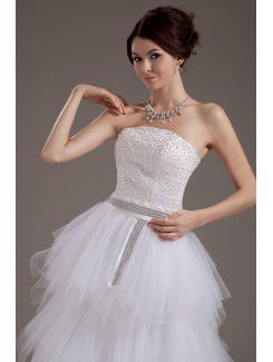 Tulle Strapless Sweep Train A-line Wedding Dress with Sequins