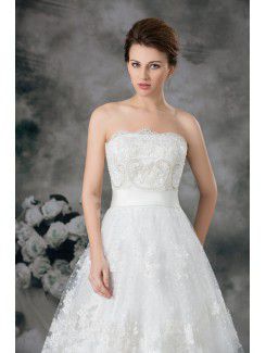 Net Strapless Sweep Train Ball Gown Embroidered Wedding Dress