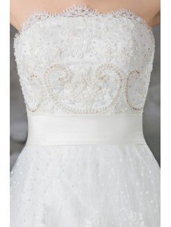 Net Strapless Sweep Train Ball Gown Embroidered Wedding Dress