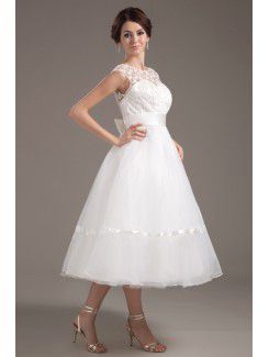 Organza Jewel Tea-Length A-line Wedding Dress with Embroidered