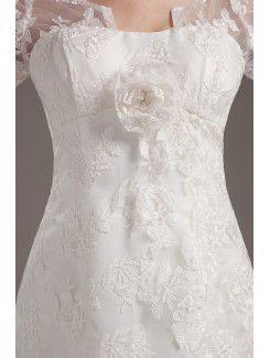 Satin and Lace Strapless Short A-line Wedding Dress with Three-quartter Sleeves
