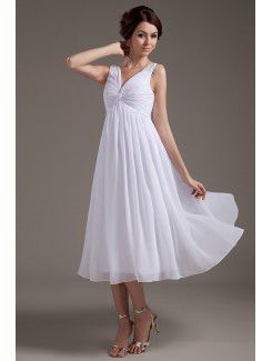 Chiffon V-Neckline Tea-Length Column Wedding Dress with Ruffle