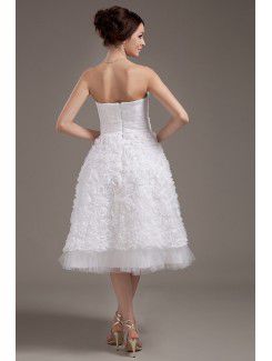 Satin Strapless Tea-Length A-line Wedding Dress with Embroidered and Flowers