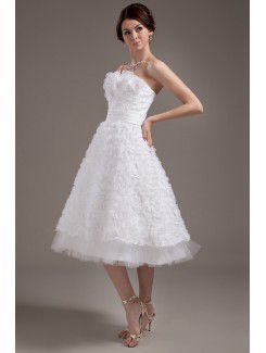 Satin Strapless Tea-Length A-line Wedding Dress with Embroidered and Flowers