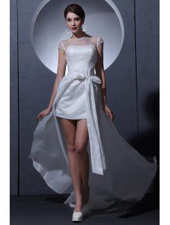 Атласа и кружева бато короткое свадебное платье оболочкой с крышки рукава